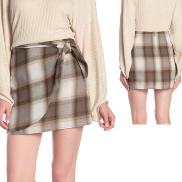 Altar’d State Plaid Wrap Mini Skirt with Tie Khaki M - Picture 11 of 13